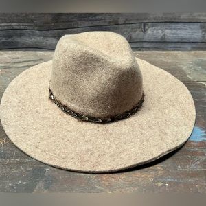 Wool soft brim fedora hat with natural feather detail headband